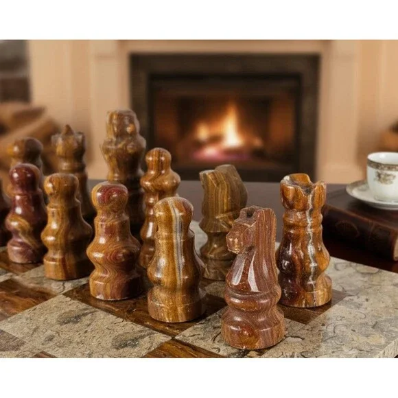 Handmade Marble Chess Set Brown chess Board & Pieces storage box Christmas gift - Picture 7 of 16